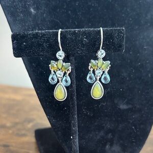 1928 Silver-Tone Olive Green and Aqua Teardrop Dangle Earrings